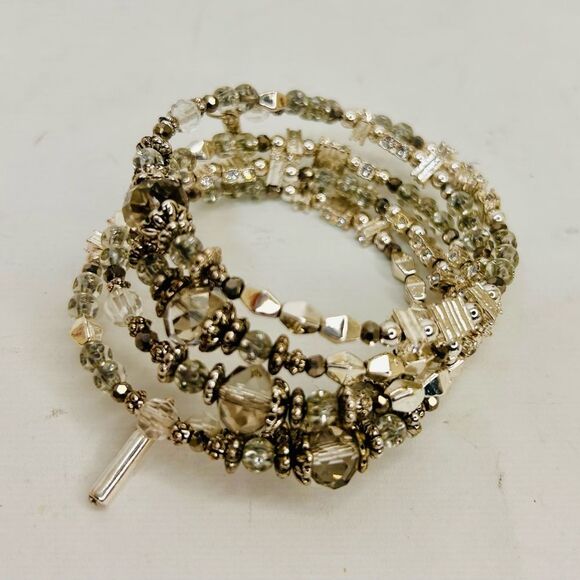 Silver and Gunmetal Beaded Stretch Bracelet Bangle - Picture 5 of 12